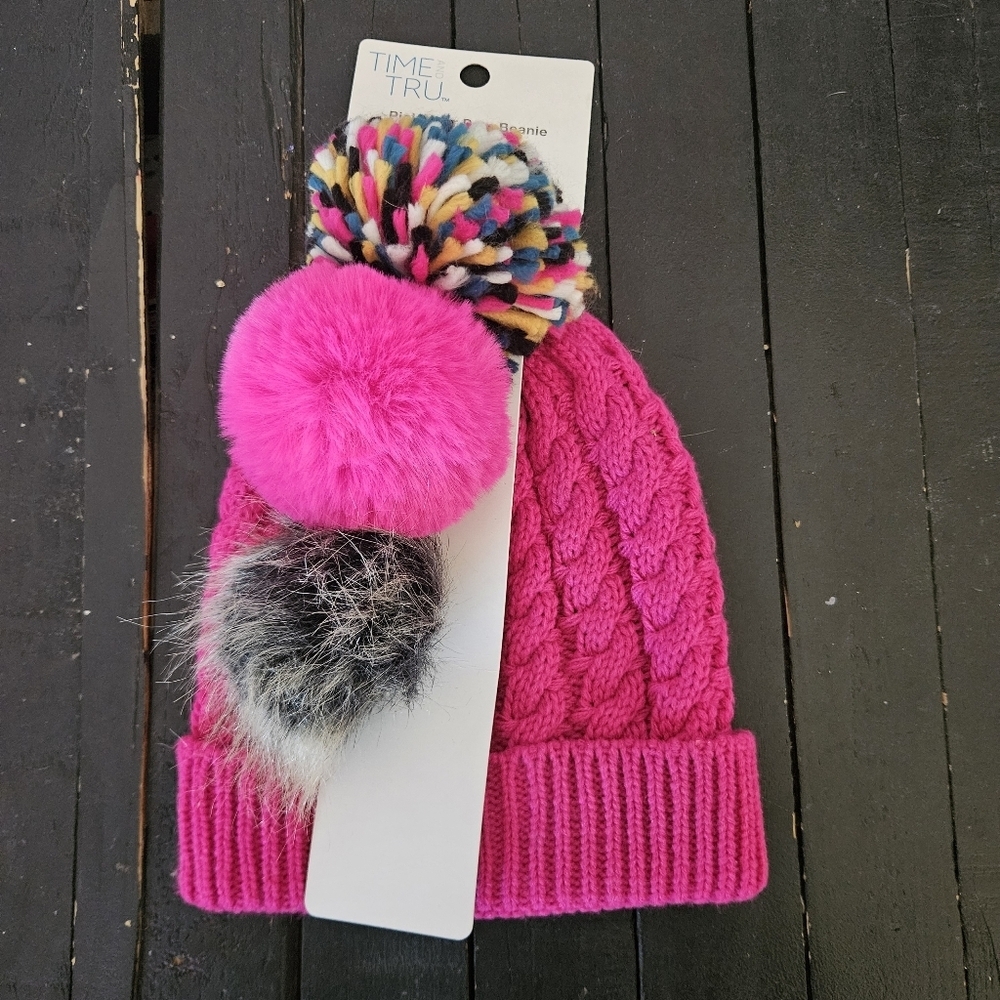 Time and Tru NWT Pink Cable Knit Beanie with Colorful Pom-Poms Interchangeable